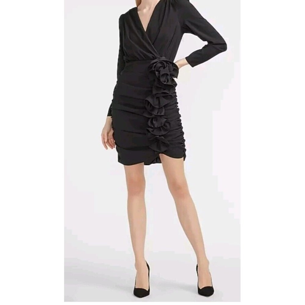 NWT Express Size Small Wrap Dress Flower Rouched Black Prom Party Wedding